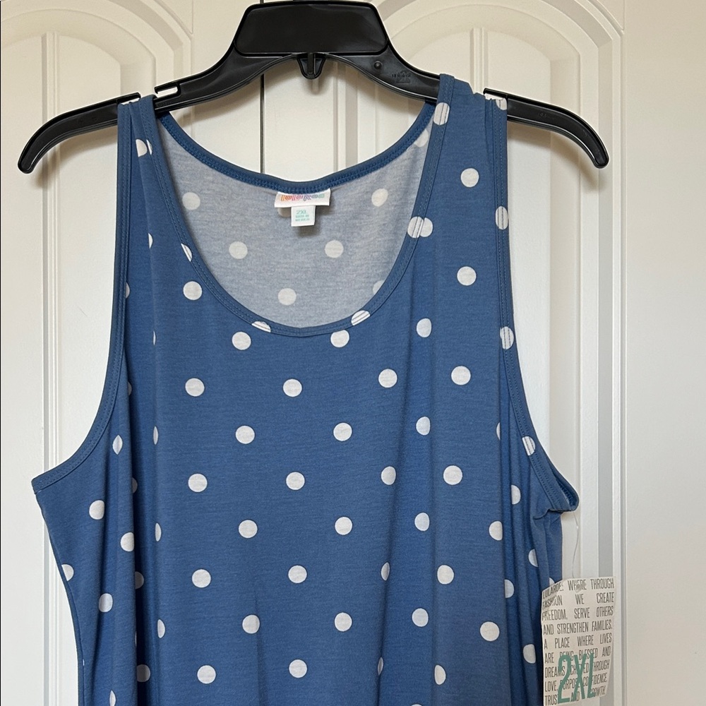 LuLaRoe Blue Polka Dot Top with Navy Trim - Picture 5 of 7